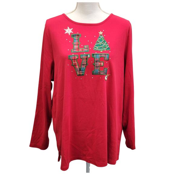 Quacker Factory Top Women's 1X Red Christmas Holiday LOVE Shirt Embellished - Picture 1 of 8